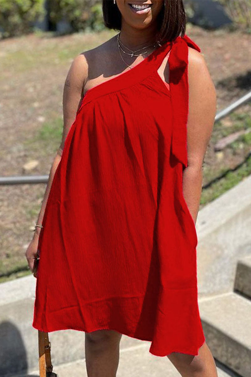 Sexy Solid Bandage Split Joint Oblique Collar Irregular Dress Dresses