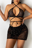 Sexy Patchwork Hot Drilling See-through Backless Sleeveless Two Pieces