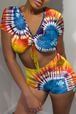 Sexy Print Draw String Tie-dye V Neck Short Sleeve Two Pieces