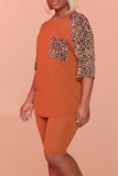 Casual Leopard Split Joint O Neck Short Sleeve Two Pieces