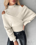 Cold Shoulder Overlap Hollow Out Knit Sweater
