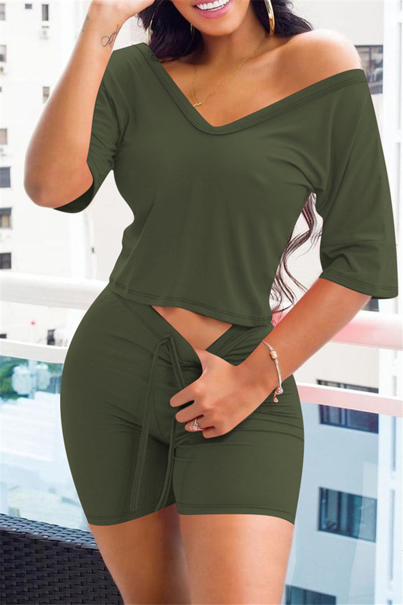 Fashion Casual Solid Basic V Neck Half Sleeve Two Pieces