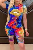 Fashion adult Ma'am OL Print Hole Tie Dye Two Piece Suits pencil Short Sleeve Two Pieces