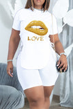 Fashion Casual Letter Lips Printed Bandage Slit O Neck Short Sleeve Two Pieces