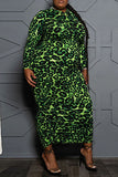 Casual Print Leopard Split Joint Hooded Collar One Step Skirt Plus Size Dresses