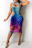 Fashion Sexy Print Hollowed Out Turtleneck Sleeveless Dress