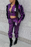 Casual Patchwork Purple Twilled Satin Two-piece Pants Set