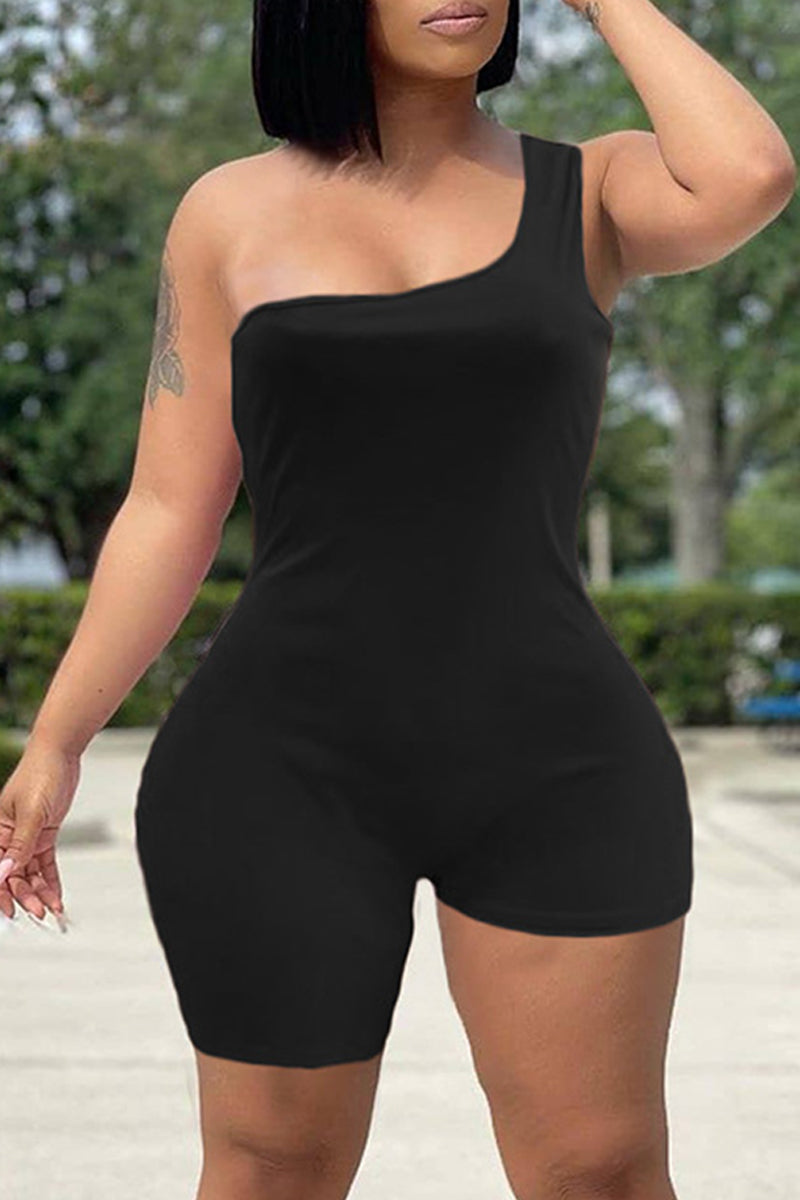 Sexy Casual Solid Asymmetrical One Shoulder Skinny Romper