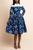 Fashion Patchwork Print Split Joint Turndown Collar Long Sleeve Dress