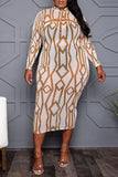 Fashion Casual Print Hollowed Out O Neck Long Sleeve Plus Size Dresses