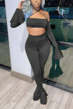 Casual Solid Bandage Backless Strapless Long Sleeve Two Pieces