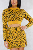 Fashion Long Sleeve Knitted Yellow Leopard Print Two Piece Suit