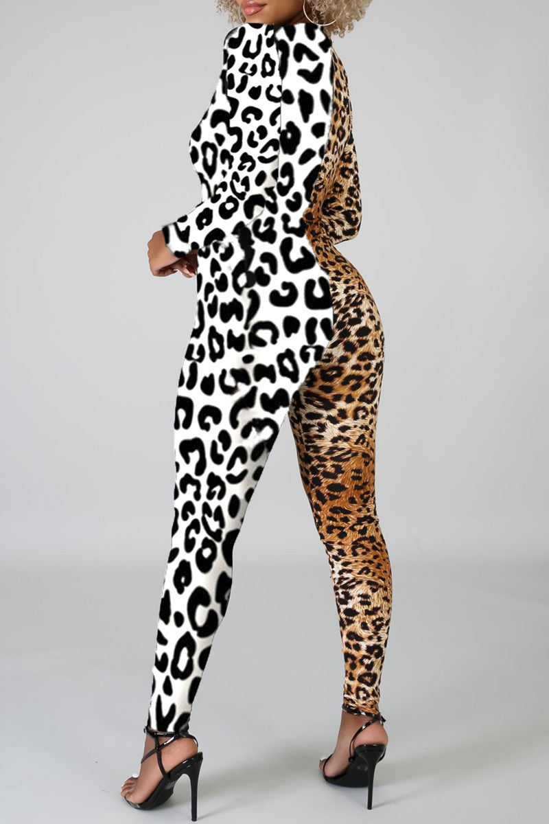 Fashion Casual Print Leopard Split Joint Zipper Collar Skinny Jumpsuits