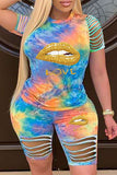 Fashion Casual Lips Printed Ripped Tie-dye O Neck Plus Size Two Pieces