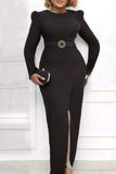 Elegant Solid Split Joint Slit Asymmetrical O Neck One Step Skirt Plus Size Dresses