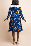 Fashion Patchwork Print Split Joint Turndown Collar Long Sleeve Dress