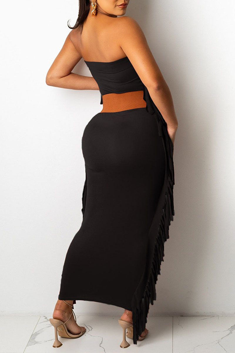 Casual Solid Tassel Split Joint Strapless One Step Skirt Dresses(Without Belt)