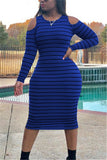 Fashion Casual adult Ma'am Cap Sleeve Long Sleeves O neck Step Skirt Mid-Calf Striped Dresses