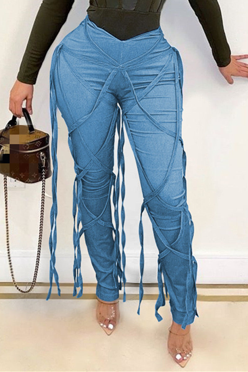 Fashion Casual Solid Bandage Mid Waist Regular Jeans