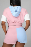 Casual Color Block Split Joint Hooded Collar Short Sleeve Two Pieces