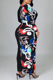 Casual Print Split Joint U Neck One Step Skirt Plus Size Dresses