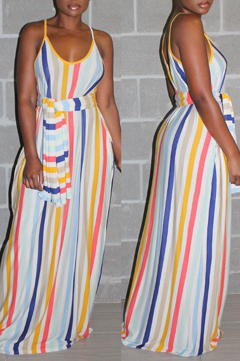Fashion Casual Striped Print Backless Spaghetti Strap Sleeveless Dress
