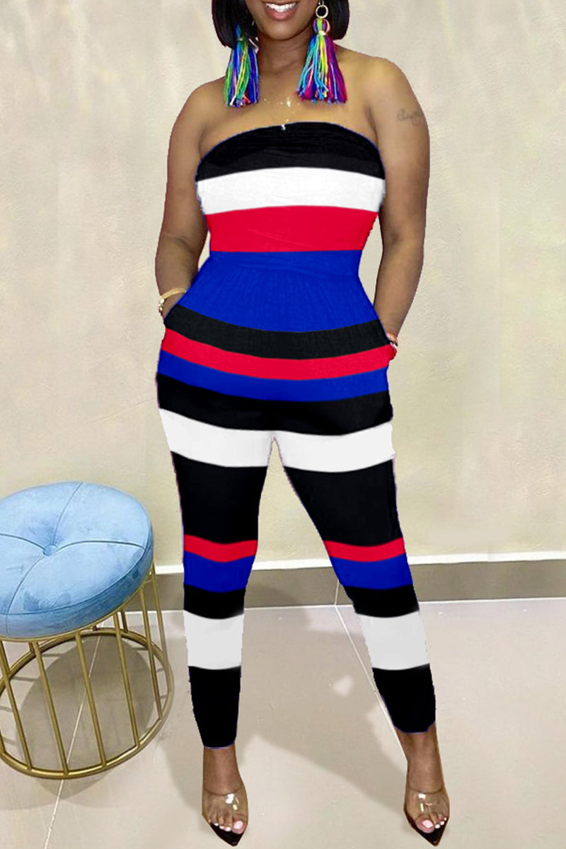Fashion Sexy Striped Print Backless Strapless Regular Jumpsuits