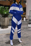 Casual Color-block Patchwork Royal Blue Two-piece Pants Set