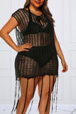 Casual Solid Tassel Split Joint See-through O Neck Straight Plus Size Dresses