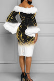 Elegant Print Patchwork Feathers Off the Shoulder One Step Skirt Dresses