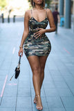 Fashion Sexy Camouflage Print Backless Spaghetti Strap Sleeveless Dress