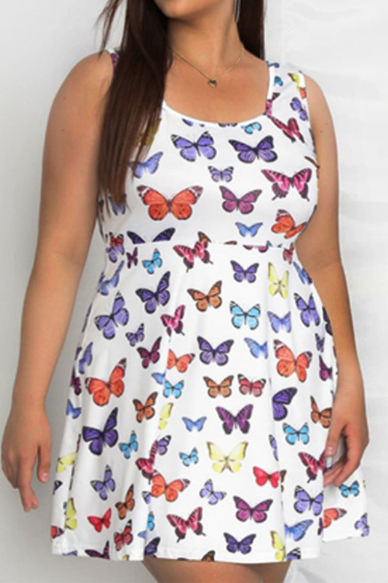 Casual Butterfly Print Split Joint U Neck Vest Dress Plus Size Dresses