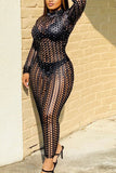 Fashion Sexy Adult Polyester Solid See-through O Neck Long Sleeve Ankle Length One-piece Suits Dresses
