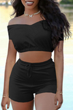 Casual Solid Split Joint Off the Shoulder Short Sleeve Two Pieces