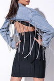 Fashion Casual Patchwork Chains Turndown Collar Long Sleeve Regular Denim Jacket