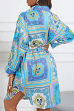 Casual Print Patchwork Buckle Turndown Collar Shirt Dress Dresses(Without Belt)