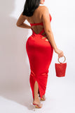 Fashion Sexy Solid Hollowed Out Backless Slit Halter Evening Dress