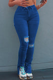 Casual Solid Ripped Split Joint Slit High Waist Boot Cut Denim Jeans