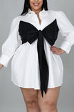 Casual Solid Split Joint Buckle With Bow Turndown Collar Shirt Dress Plus Size Dresses