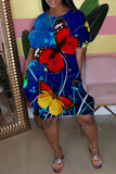 Fashion Casual Butterfly Print Basic O Neck Short Sleeve Dress