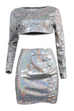 Sexy Sequined Silver Two-piece Skirt Set