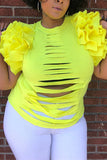 Fashion Sexy Hollow Ruffle Sleeve Yellow Top