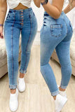 Casual Solid Patchwork Buckle High Waist Skinny Denim Jeans