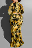 Fashion Leaf Print Yellow Plus Size Dress