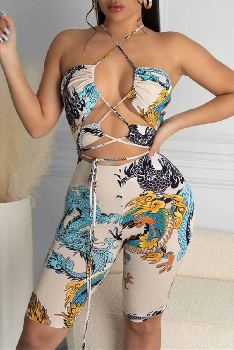 Fashion Sexy Print Hollowed Out Backless Strap Design Sleeveless Two Pieces