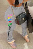 Fashion Casual Letter Printed Gray Slim Trousers