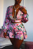 Sexy Print Long Sleeve Top Shorts Pink Set