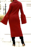 Fashion Warm Turtleneck Trumpet Sleeves Wine Red Dress