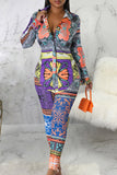 Sexy Print Patchwork Buckle Turndown Collar Long Sleeve Two Pieces