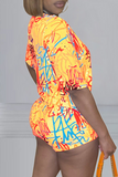 Casual Print Split Joint V Neck Short Sleeve Two Pieces
